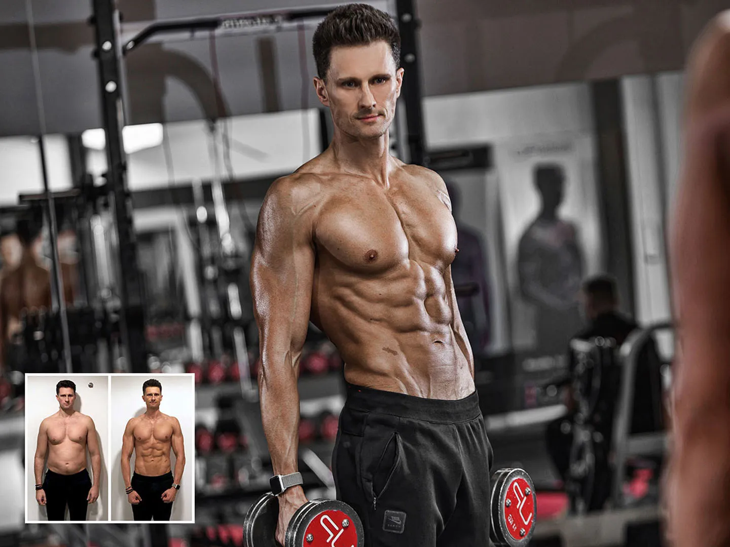 Muscular man holding dumbbells in a gym with a before-and-after fitness transformation inset showing his progress.