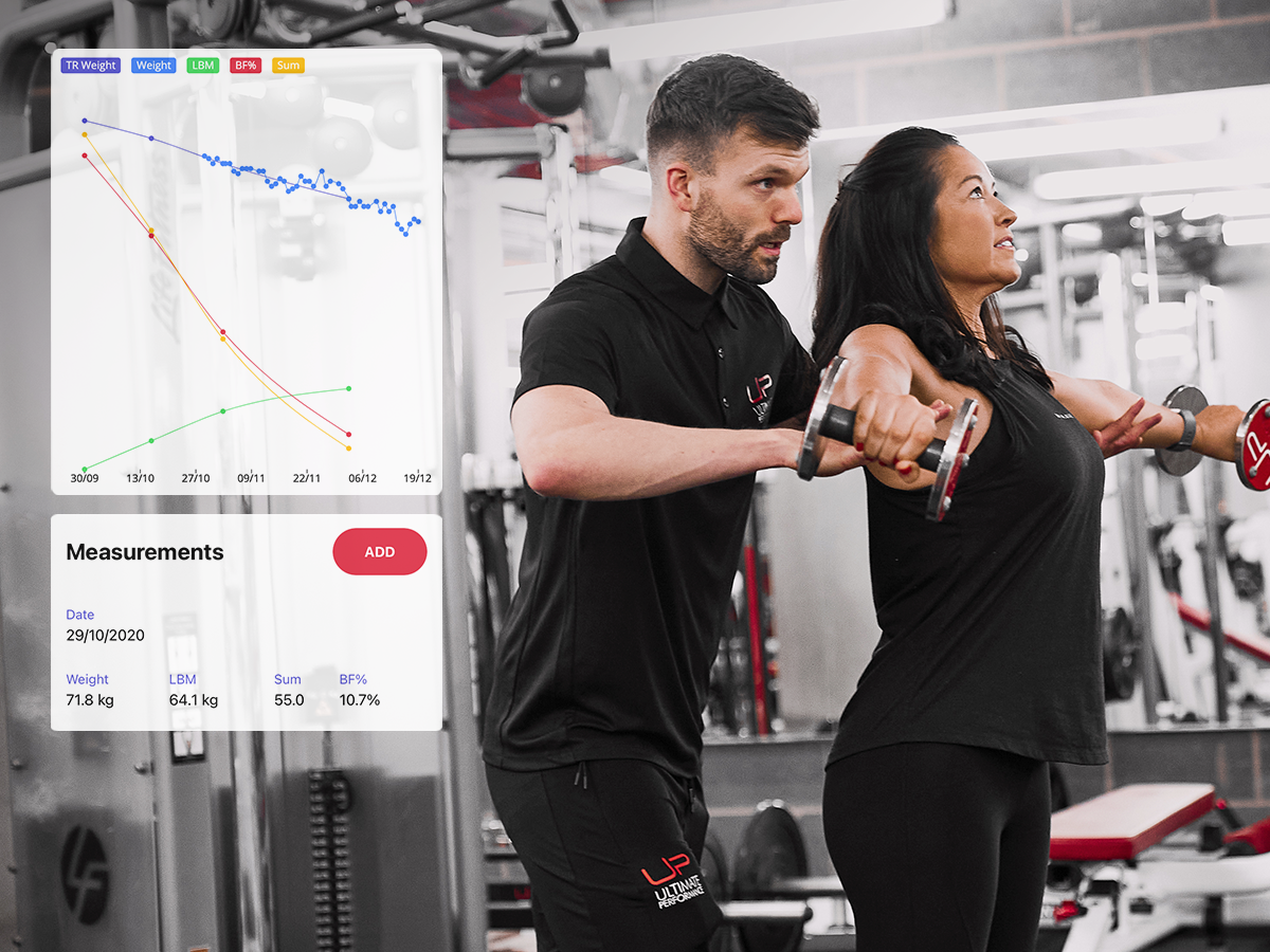 Personal trainer assisting a woman lifting dumbbells in a gym, with a fitness tracking app overlay showing weight, lean body mass, body fat percentage, and progress chart.