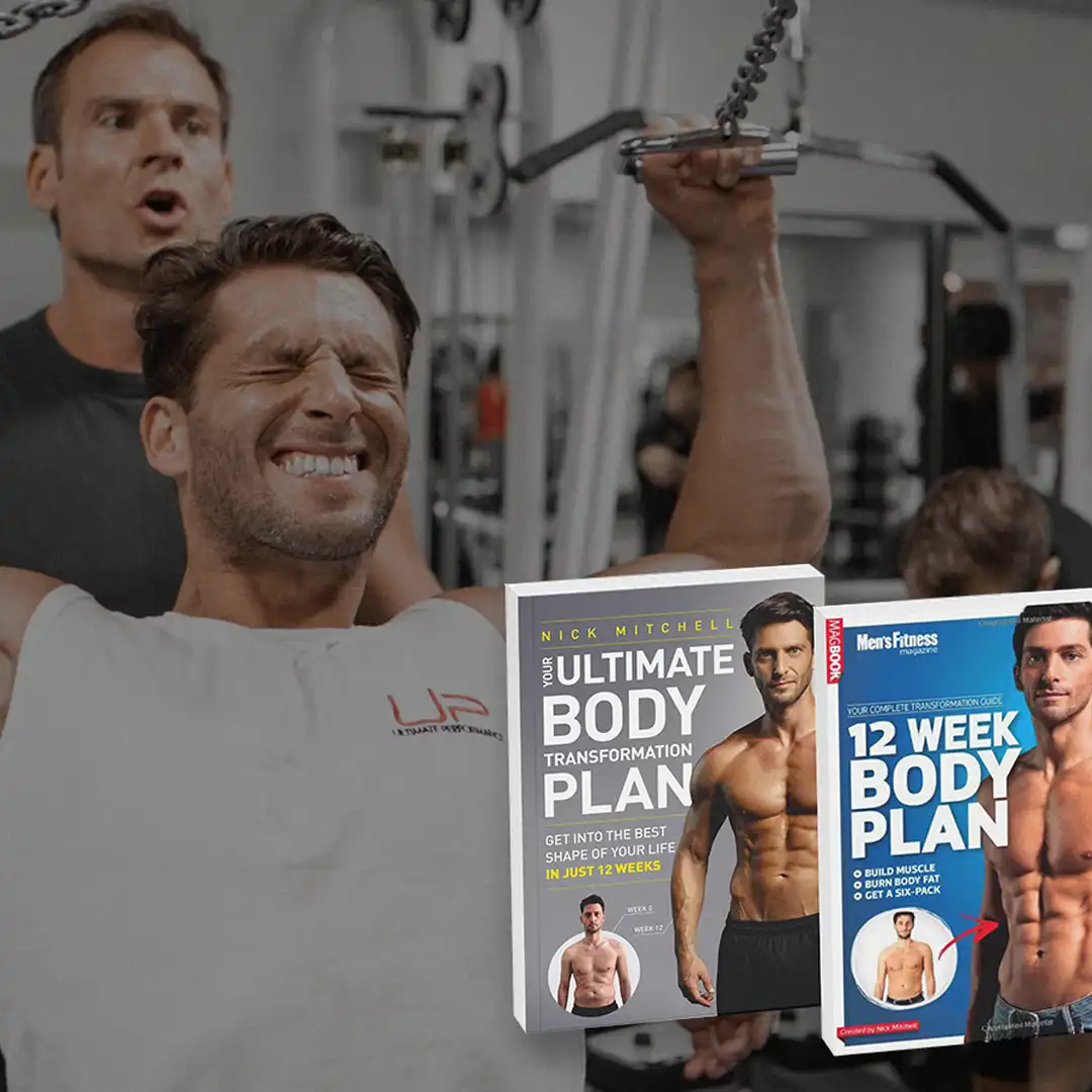 Man lifting weights in gym with a fitness trainer standing behind, alongside images of two muscle-building workout plan books.