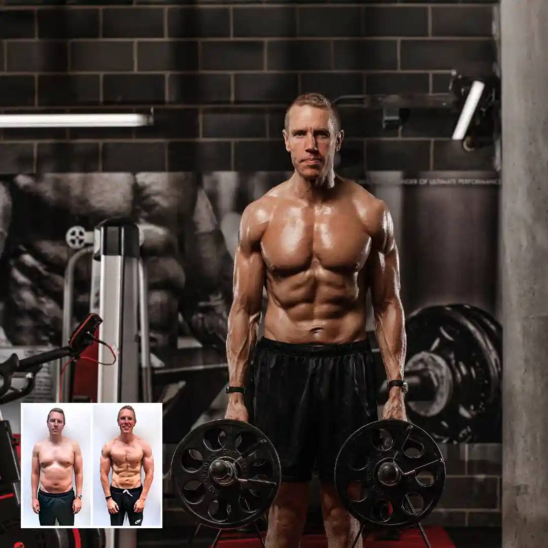 Muscular man lifting large weight plates in a gym with smaller before-and-after photos showing his body transformation.