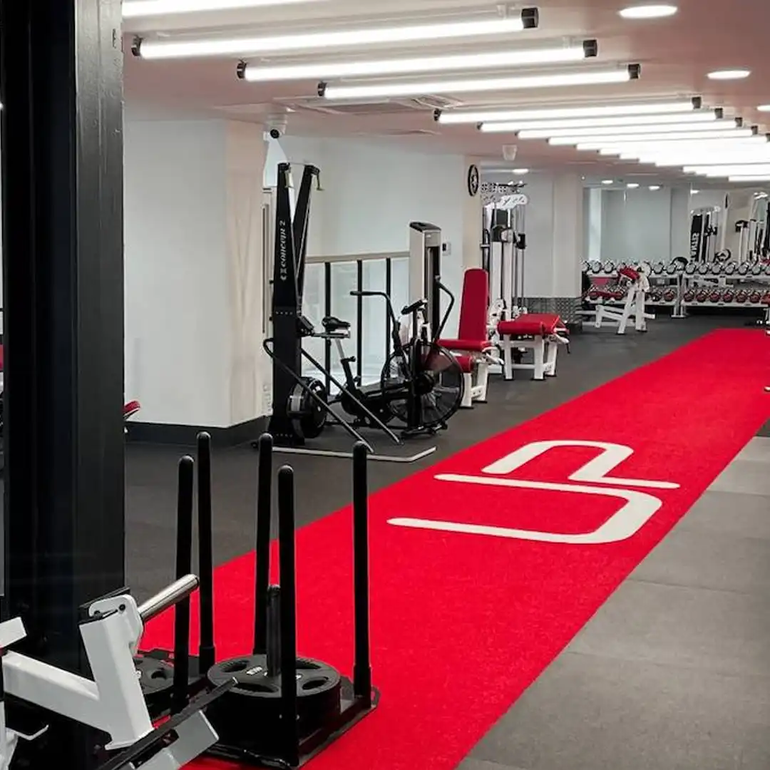 Modern gym interior with exercise machines, weight plates, red carpet with white logo, and dumbbell racks along the wall.