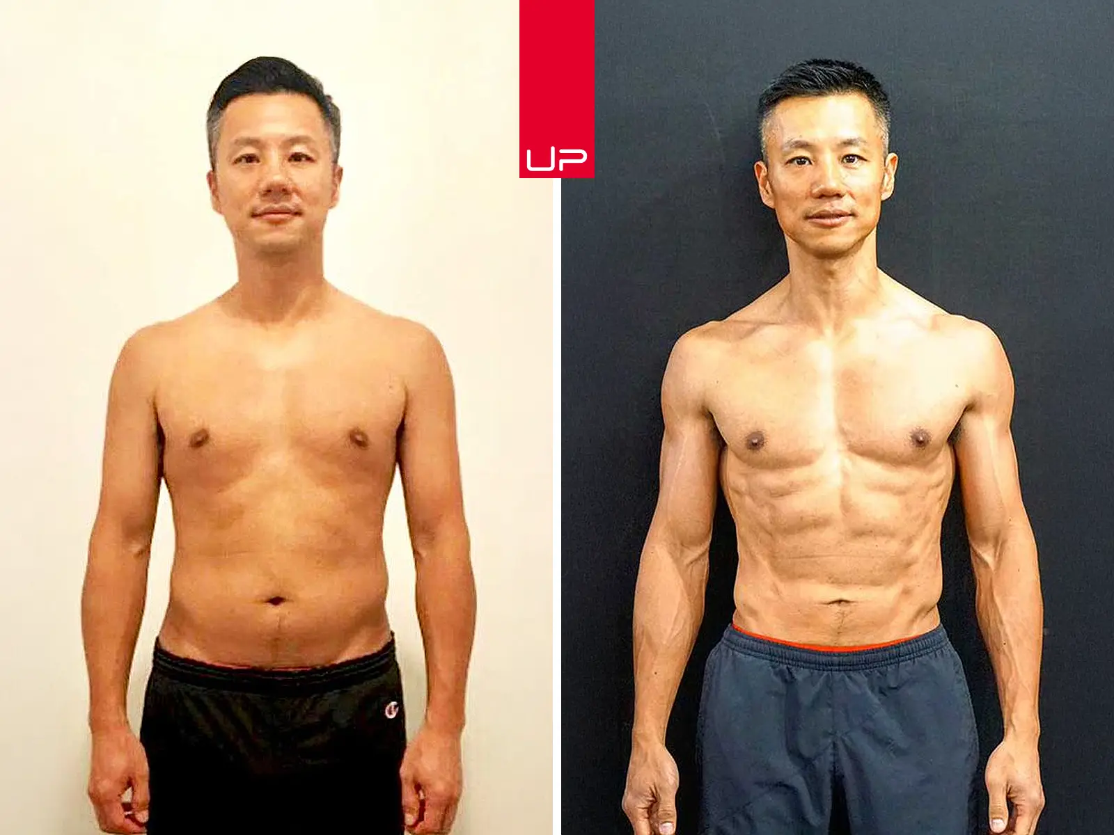 Before and after comparison of a shirtless man showing significant muscle definition and fat loss.