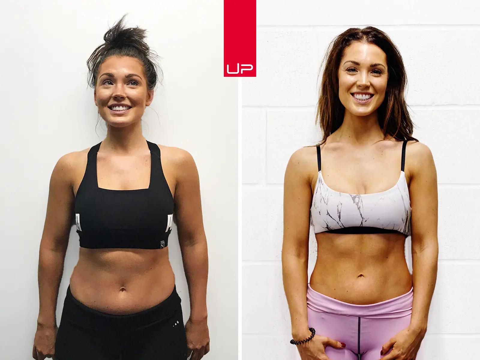 Side-by-side comparison of a smiling woman in fitness outfits before and after a transformation.