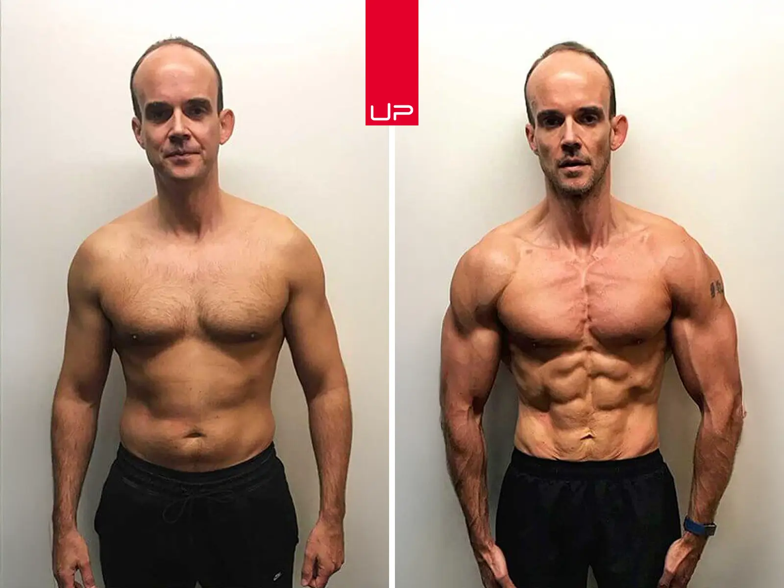 Side-by-side comparison of a man before and after a fitness transformation showing increased muscle definition and reduced body fat.