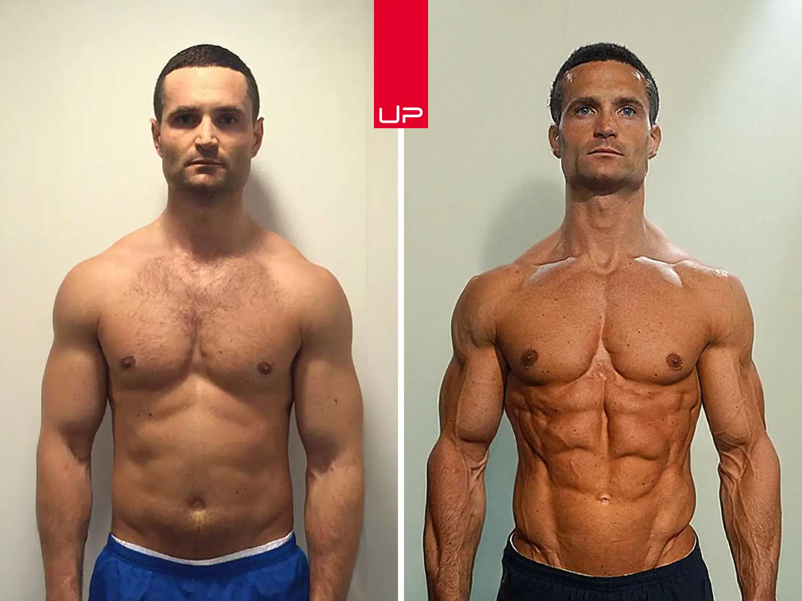 Side-by-side comparison of a muscular man before and after fitness transformation, showing increased muscle definition and reduced body fat.