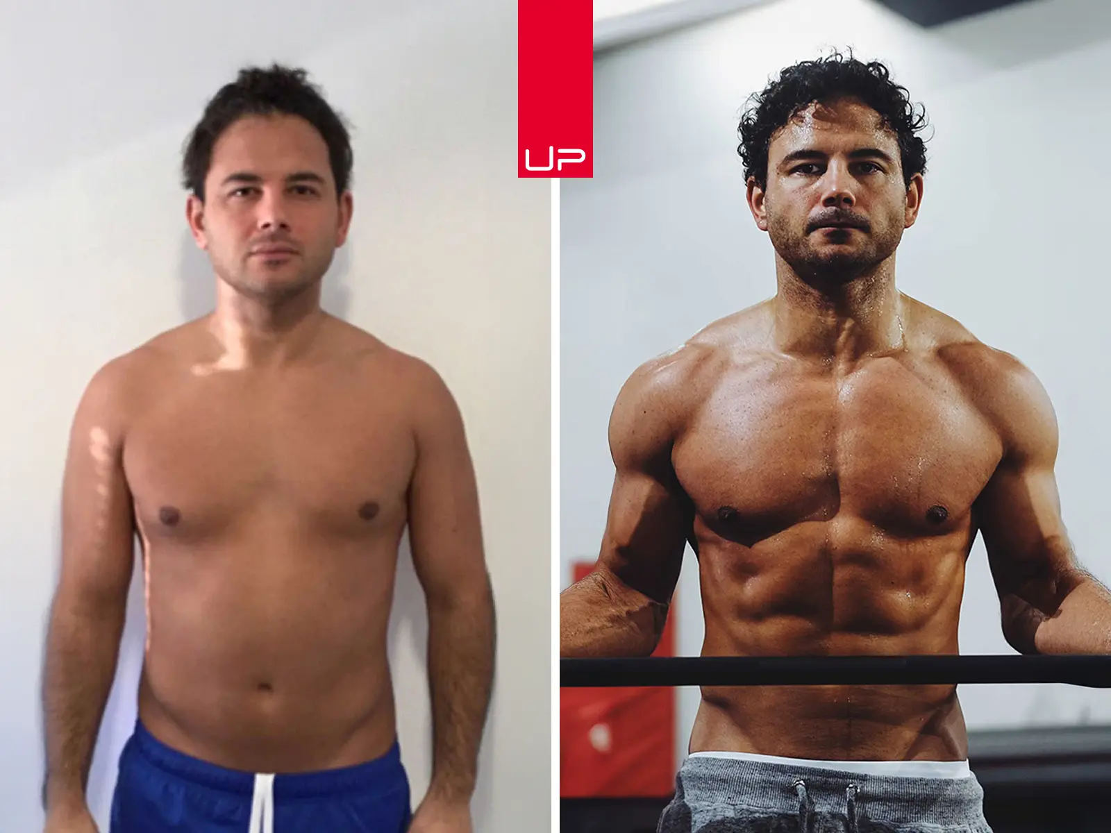 Before and after photos showing a man’s body transformation from untoned to muscular and fit.