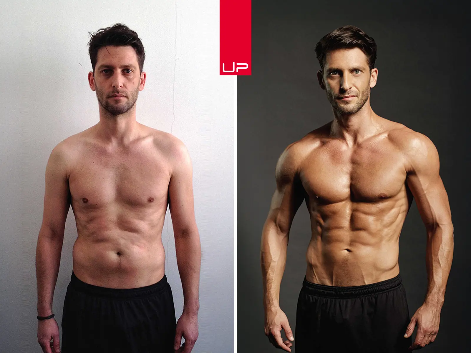 Side-by-side before and after photos of a man showing significant muscle gain and body transformation.