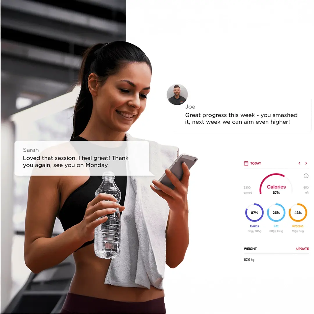 Smiling woman in workout clothes holding a water bottle and phone with fitness app data and motivational chat messages on screen.