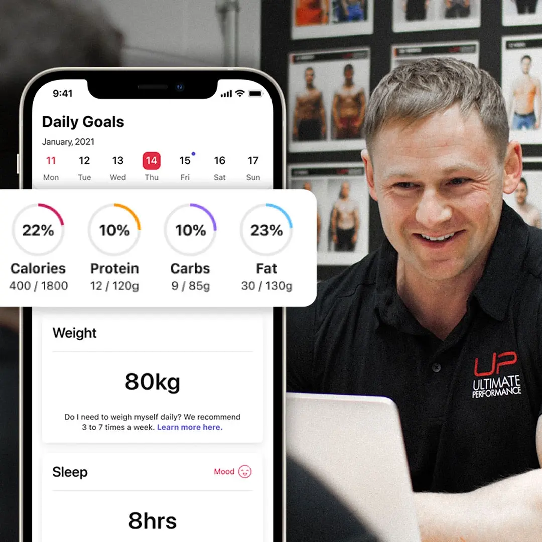 Man smiling next to a smartphone screen showing a fitness app with daily goals, including calories, protein, carbs, fat percentages, weight of 80kg, and 8 hours of sleep.