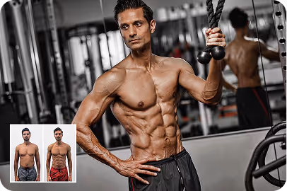 Muscular man demonstrating abdominal muscles in a gym with inset before-and-after fitness transformation photos.