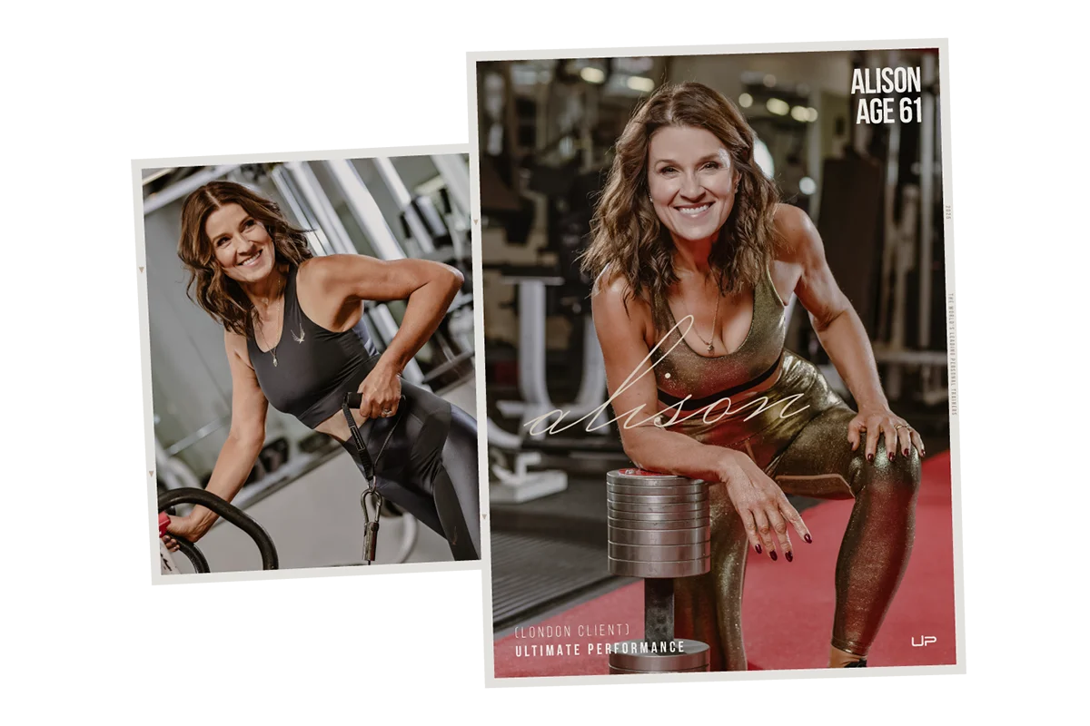 Smiling fit woman in gym workouts wearing a black sports outfit and metallic green workout clothes, identified as Alison, age 61.