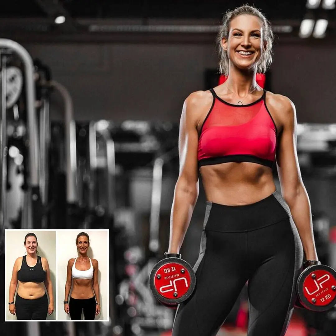 Fit woman in red sports bra and black leggings smiling and holding dumbbells in a gym, with an inset showing her weight loss transformation.