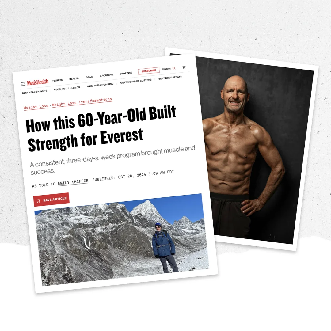 Men's Health article titled 'How this 60-Year-Old Built Strength for Everest' with a photo of a muscular shirtless man and a smaller image of a person standing in snowy mountain terrain.