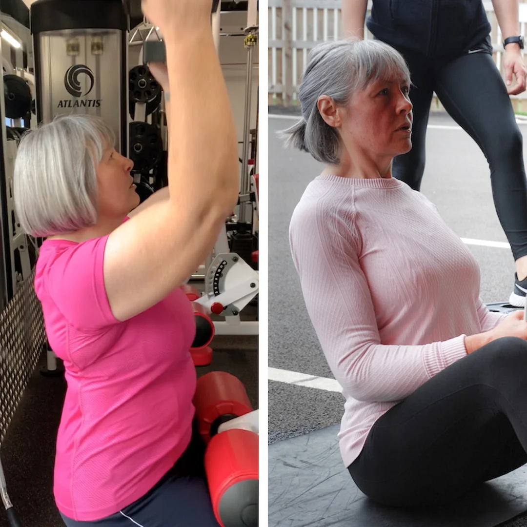 Older woman with gray hair exercising, left image shows her lifting weights in a gym, right image shows her doing a seated core exercise outdoors with a trainer.