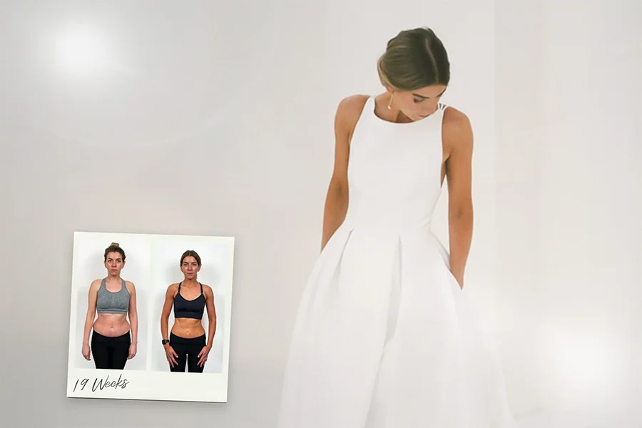 Woman in white sleeveless wedding dress looking down, with a small inset photo showing her fitness transformation over 19 weeks.