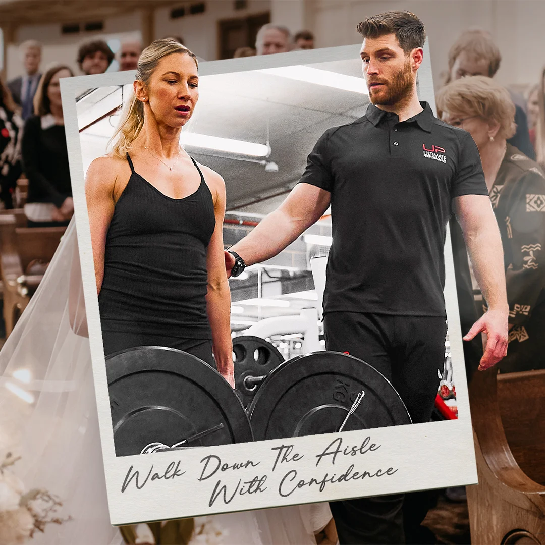 A fit woman lifting weights with guidance from a male trainer, overlaid on a wedding scene with guests; text reads 'Walk Down The Aisle With Confidence.'
