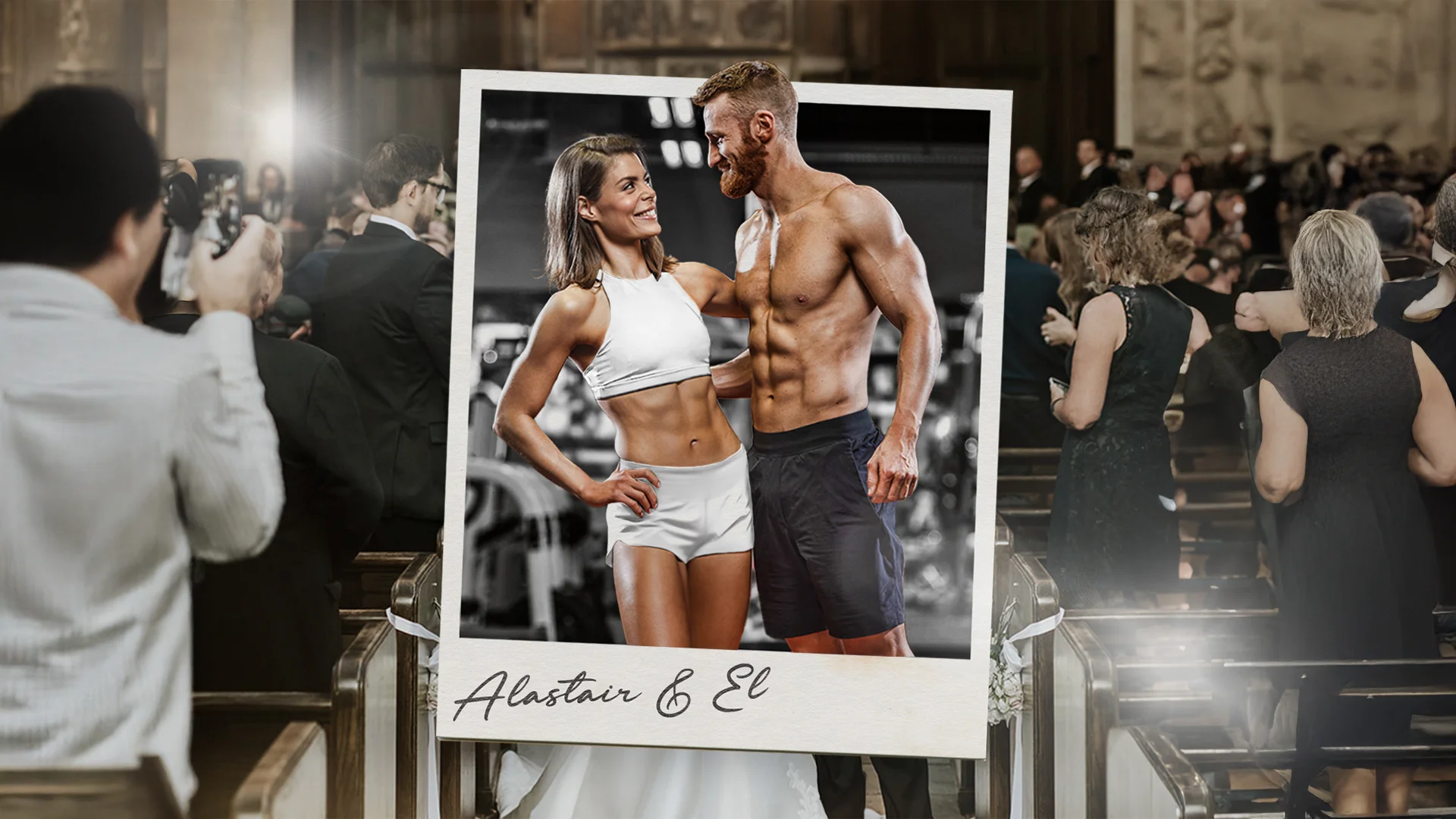 Polaroid-style photo of a fit, muscular couple in workout clothes smiling at each other, overlayed on a blurred wedding ceremony audience.