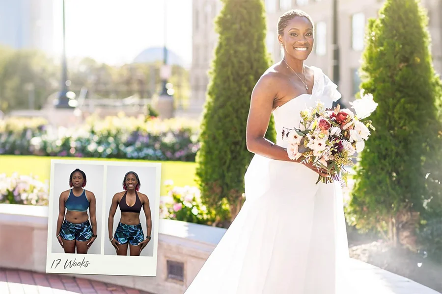 Smiling bride in a white wedding gown holding a bouquet of flowers outdoors, with a before and after fitness transformation collage labeled '17 Weeks' in the corner.