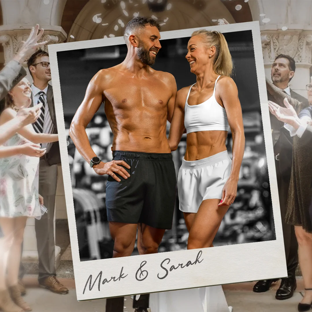 Fit man and woman smiling at each other, wearing sportswear, framed in a Polaroid-style photo labeled 'Mark & Sarah' with a blurred background of people celebrating.