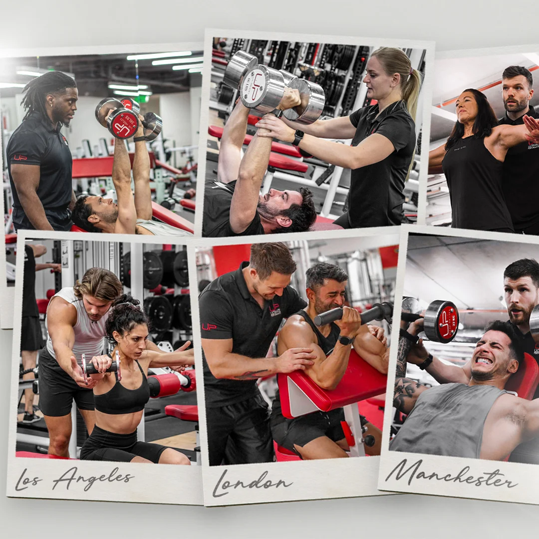 Collage of personal trainers assisting clients with weightlifting exercises in gyms labeled Los Angeles, London, and Manchester.