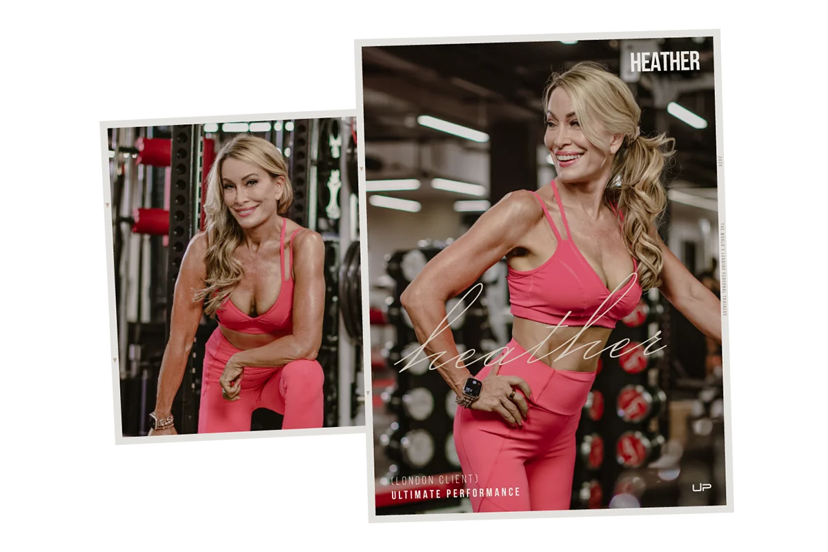 Fit woman named Heather in bright pink workout clothes posing confidently in a gym with weights in the background.
