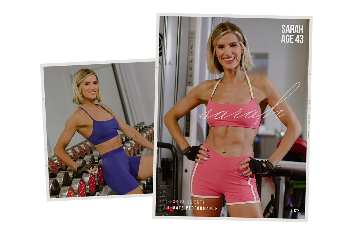Fit woman named Sarah, age 43, wearing workout outfits posing in a gym with weights and equipment.