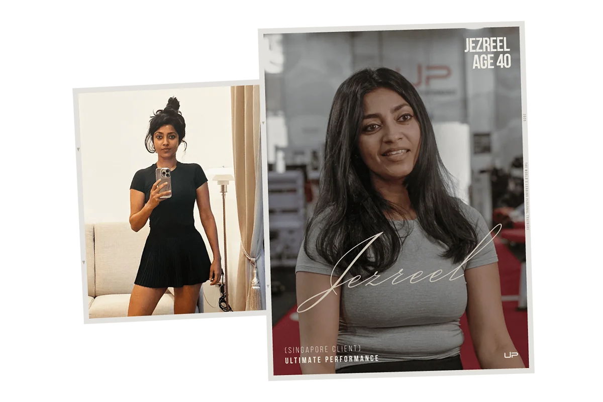 Side-by-side photos of Jezreel, a 40-year-old woman; one is a mirror selfie wearing a black dress, the other shows her seated, smiling in a grey shirt at Ultimate Performance gym.