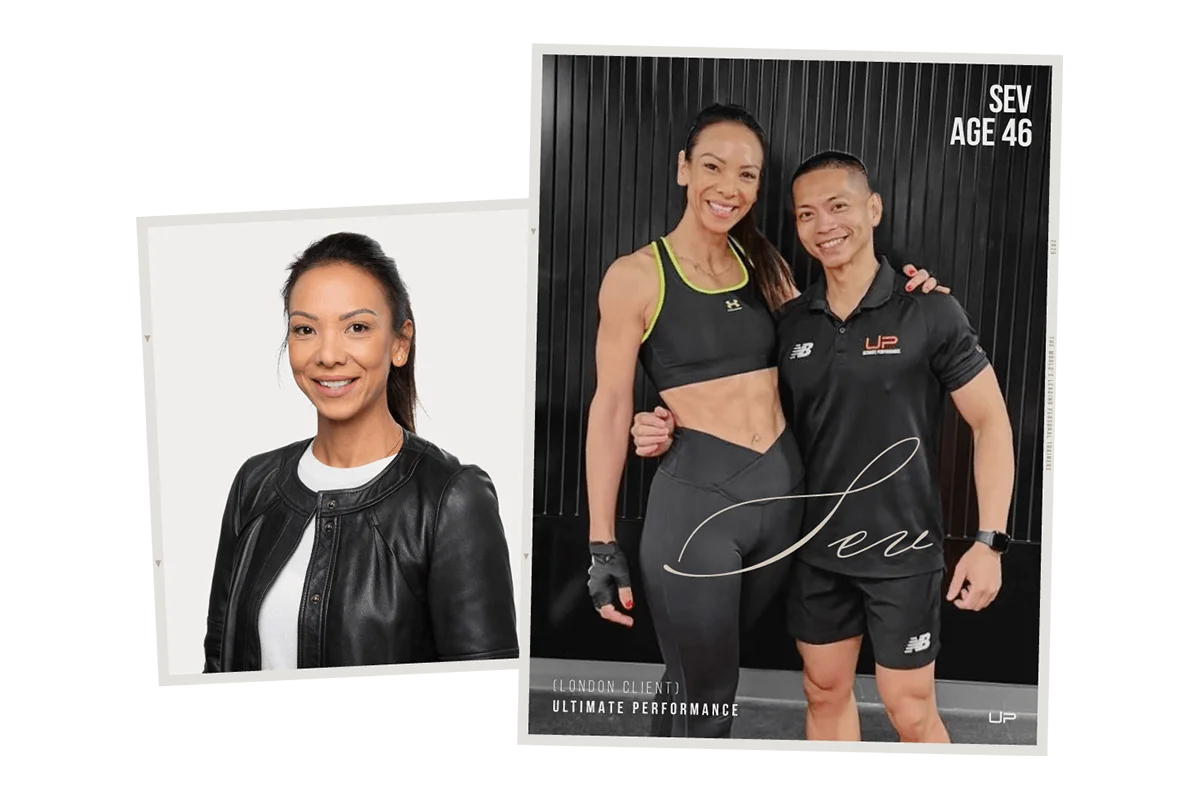 Portrait of a smiling woman in a black leather jacket next to a photo of the same woman in athletic wear standing with a male trainer.