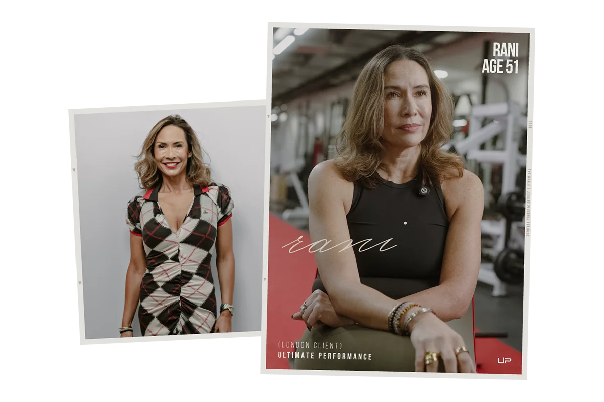 Side-by-side images of Rani, a 51-year-old woman; one photo shows her smiling in a checkered dress, the other shows her seated in workout attire at a gym.