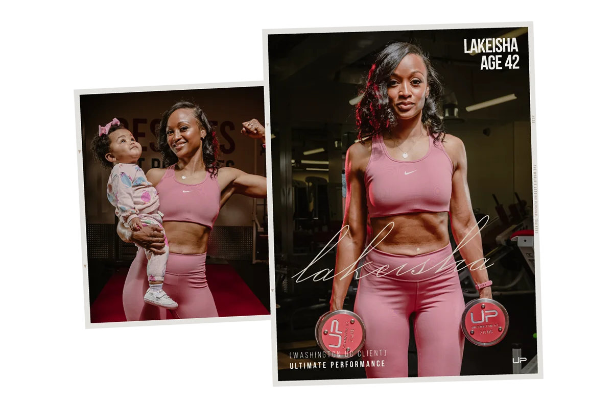 Fit woman in pink workout clothes holding dumbbells in a gym, with a smaller photo showing her holding a toddler and flexing her arm.