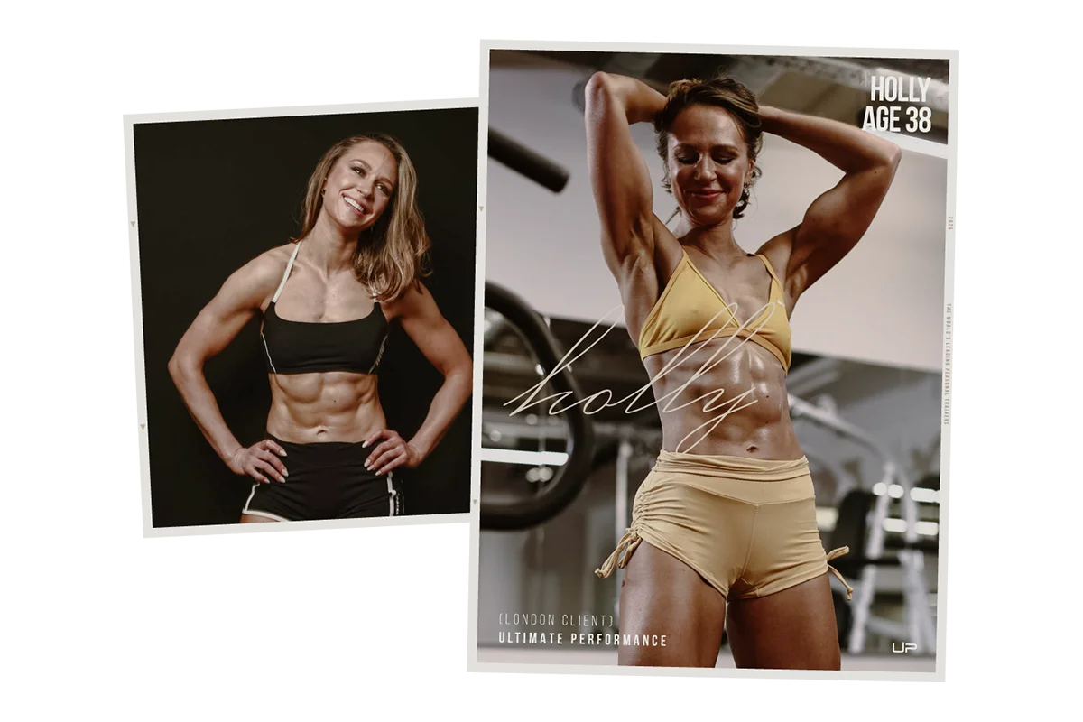 Two images of a fit woman named Holly, aged 38, showcasing her muscular physique and abs, one in a black sports outfit and the other in a yellow workout set at a gym.