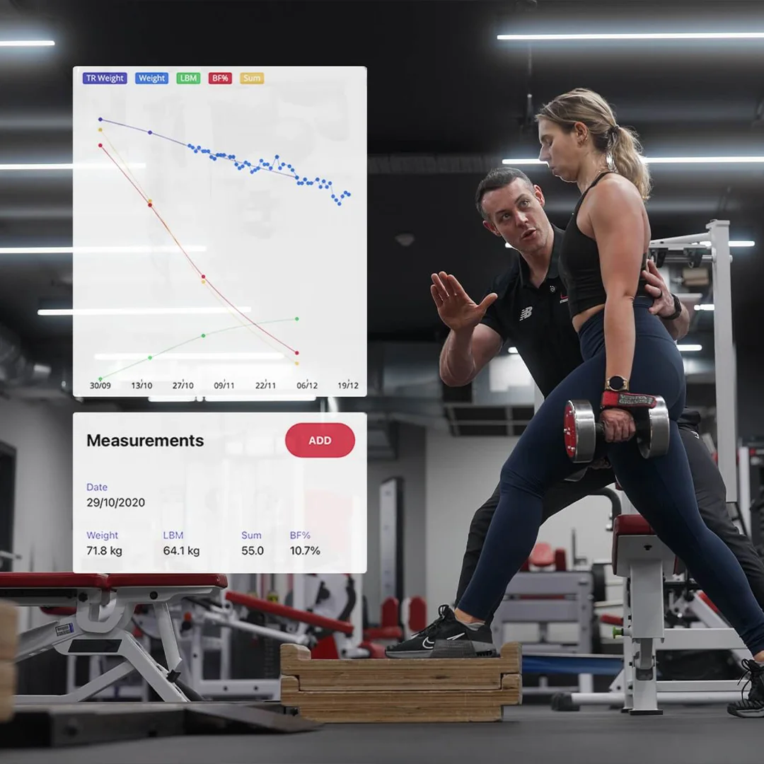 Personal trainer guiding a woman performing step-up exercise with dumbbells in a gym, with workout progress charts and measurements overlay.