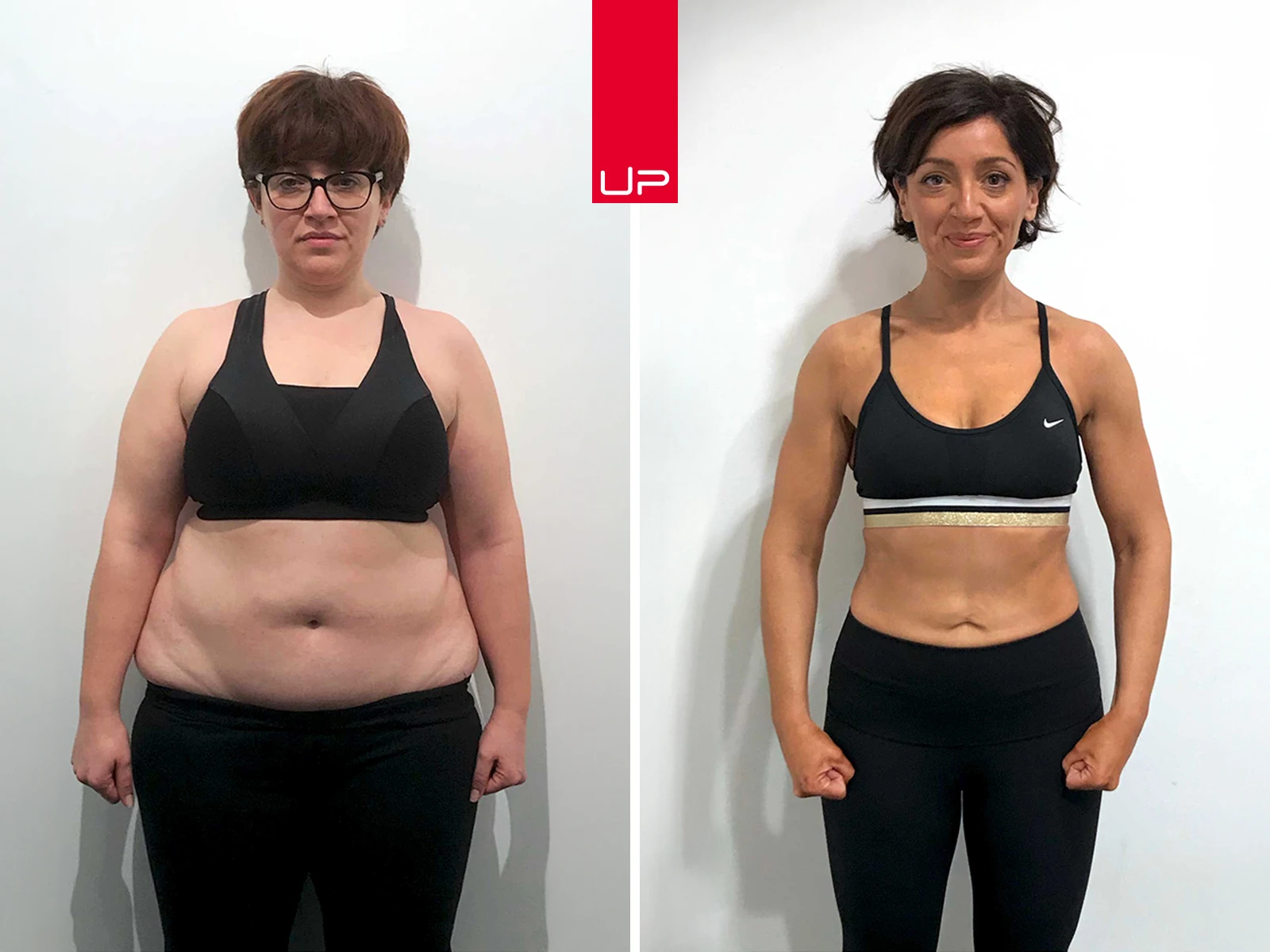 Side-by-side comparison of a woman before and after weight loss, showing significant body transformation with toned muscles and slimmer physique.