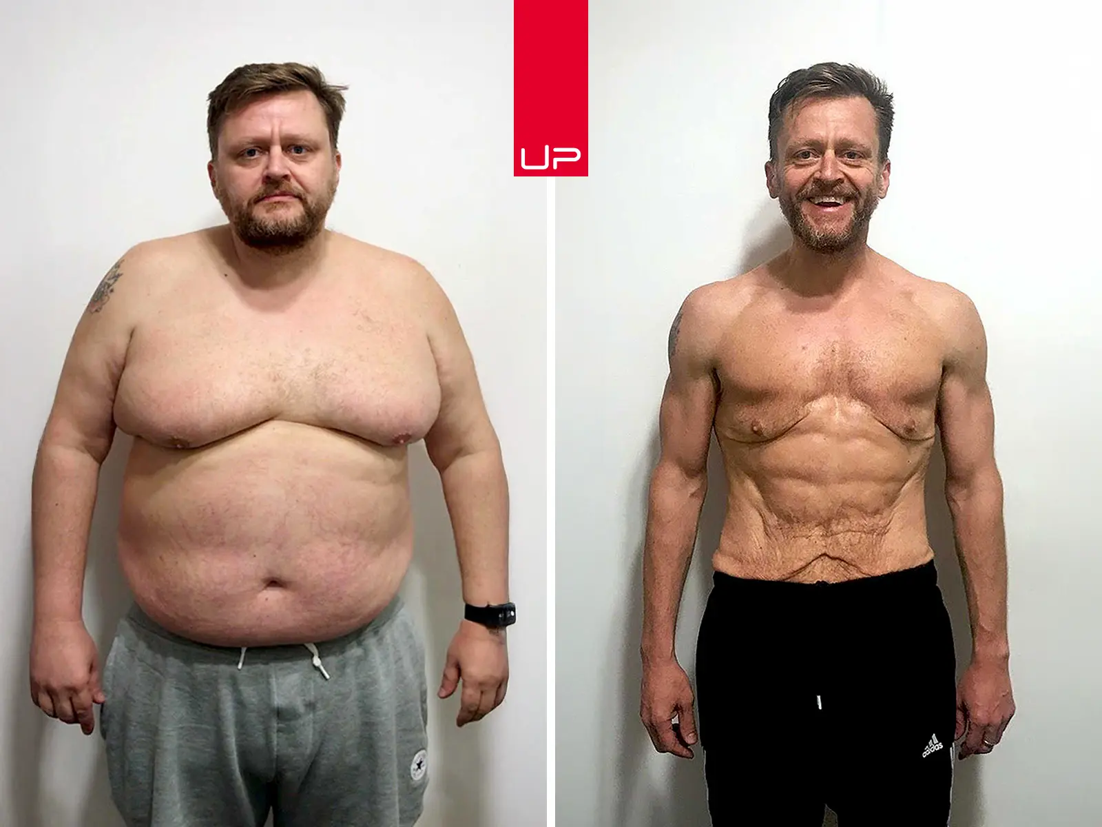 Before and after photos showing a man's significant weight loss and muscle gain transformation.