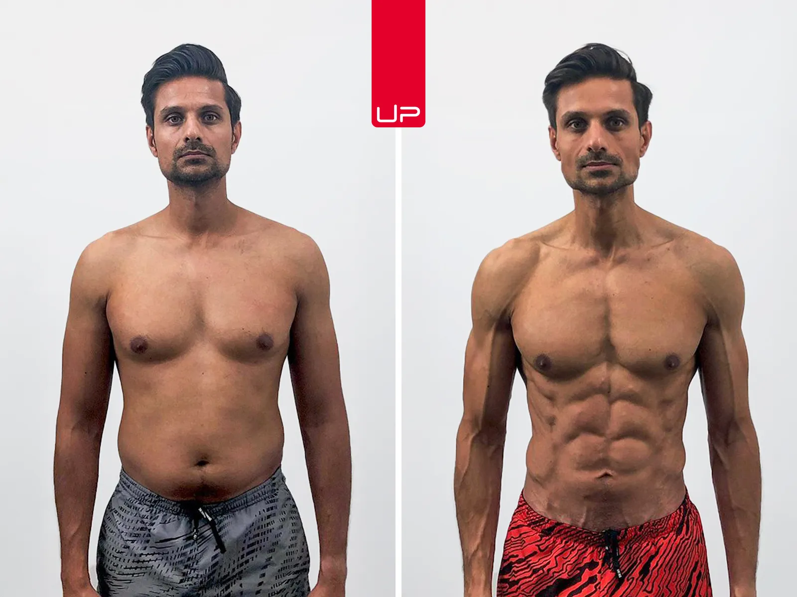 Side-by-side comparison of a man's fitness transformation showing a before photo with less muscle definition and after photo with well-defined muscles and abs.