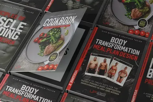 Books on fitness and nutrition, including 'The Ultimate Performance Cookbook' showing a healthy meal, and 'Body Transformation Meal Plan Design' with before and after transformation photos.