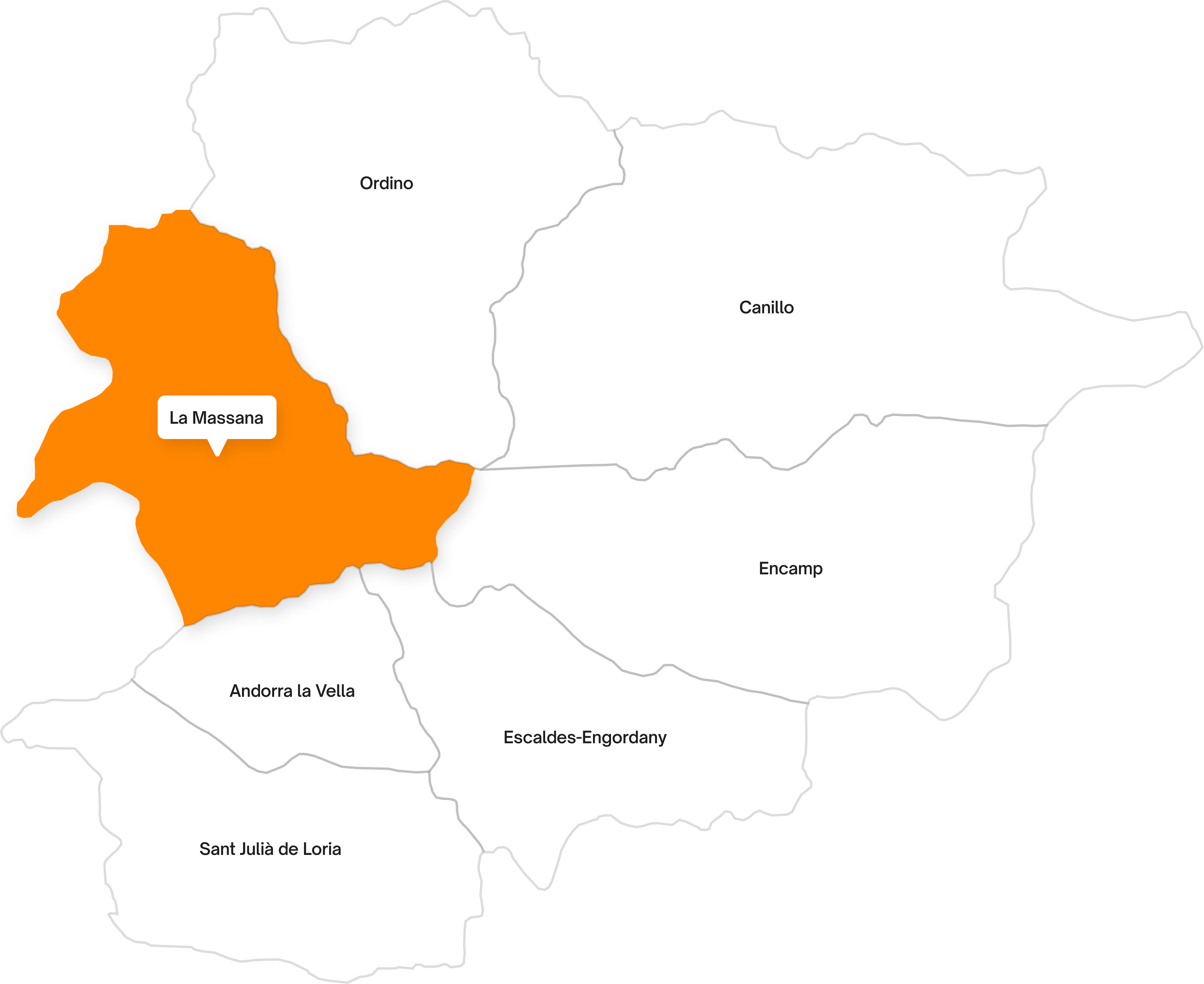Map of Andorra highlighting the La Massana parish in orange among other parishes.