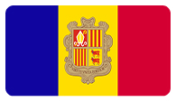 Flag of Andorra with vertical blue, yellow, and red stripes and the national coat of arms in the center.