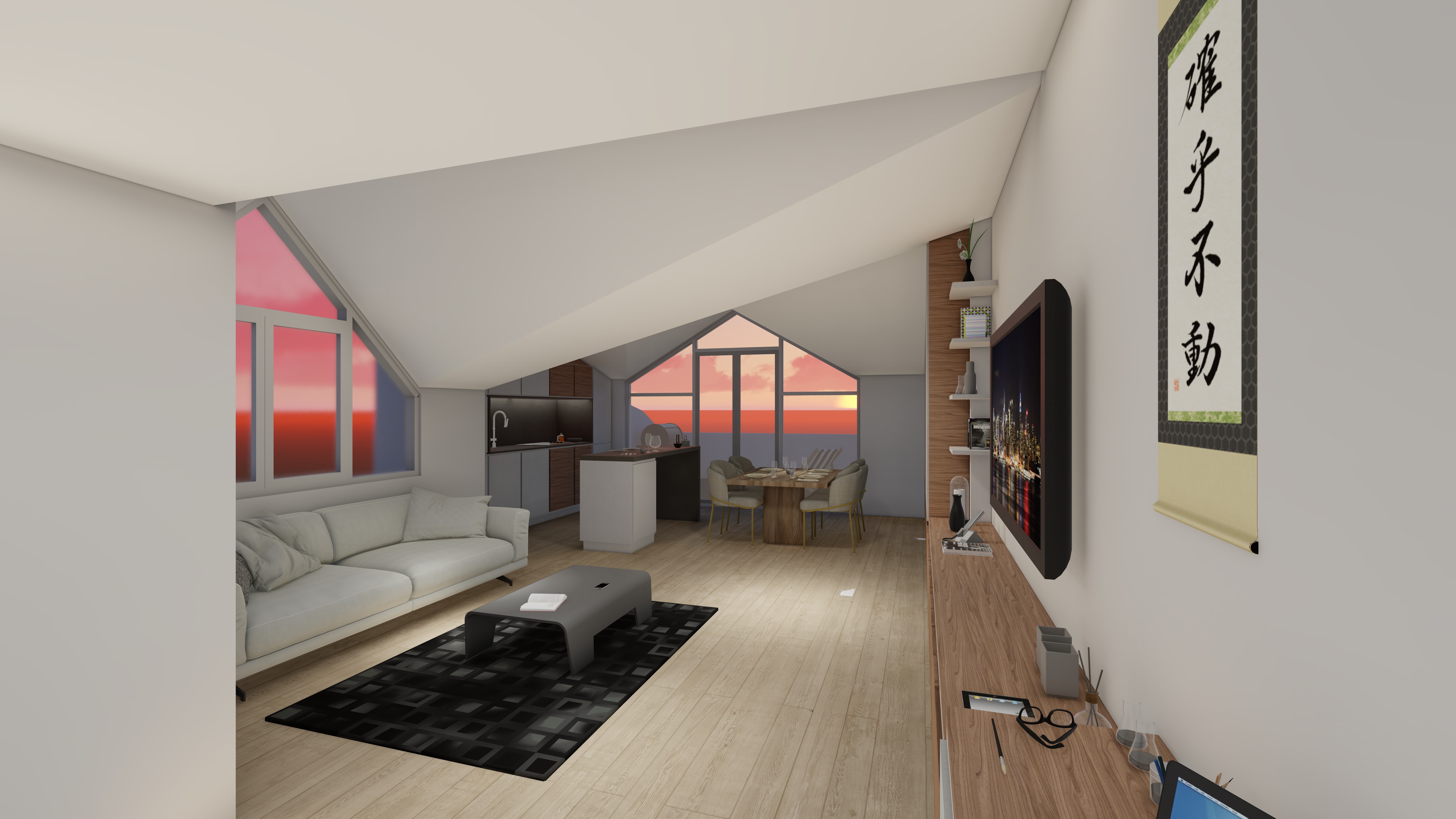Sala d'estar moderna amb sofà blanc, taula de centre negra i vista del capvespre per finestres grans en forma triangular i rectangular.