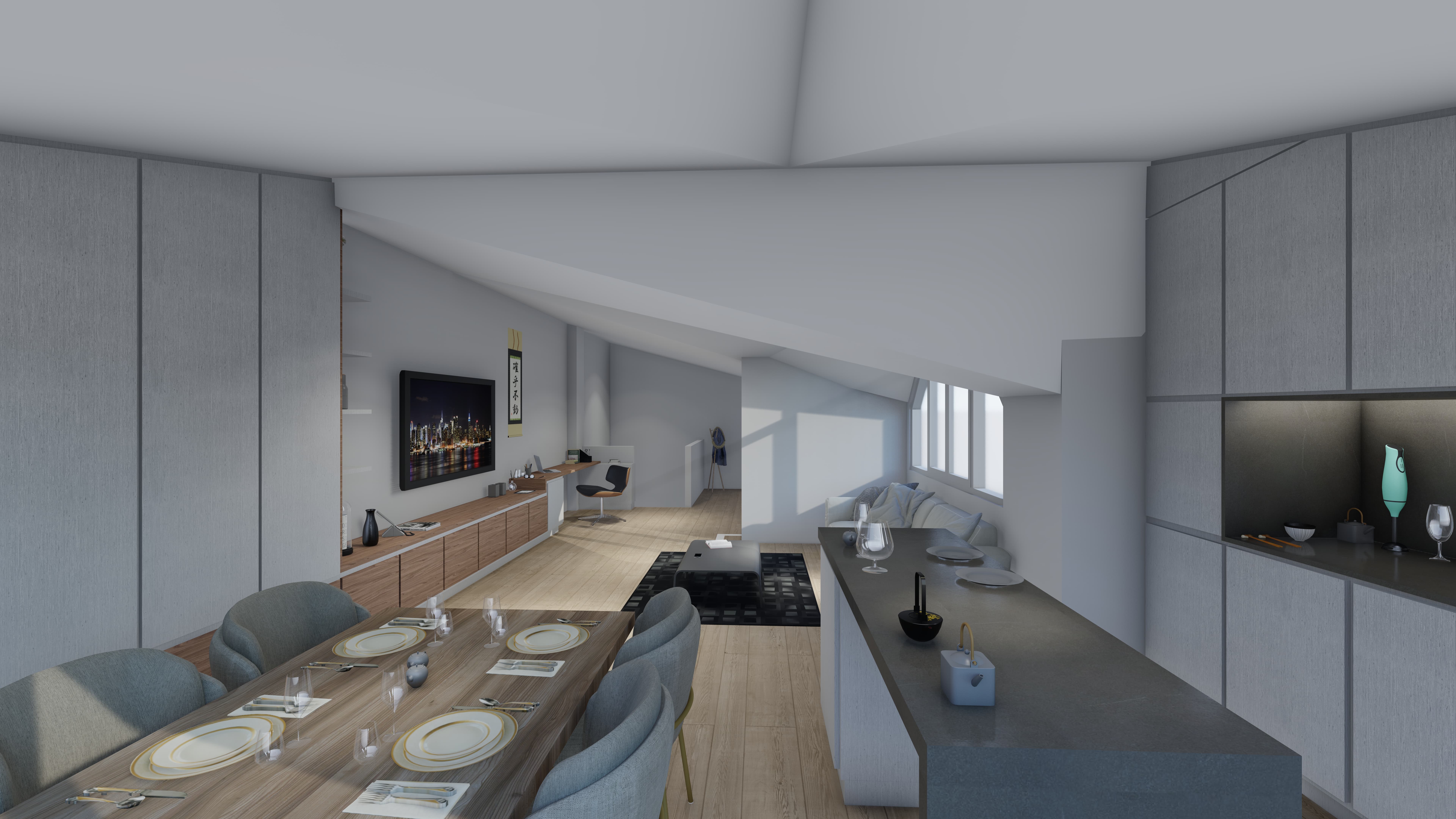 Sala-menjador moderna amb taula de fusta, cadires grises, il·luminació natural i televisió a la paret.