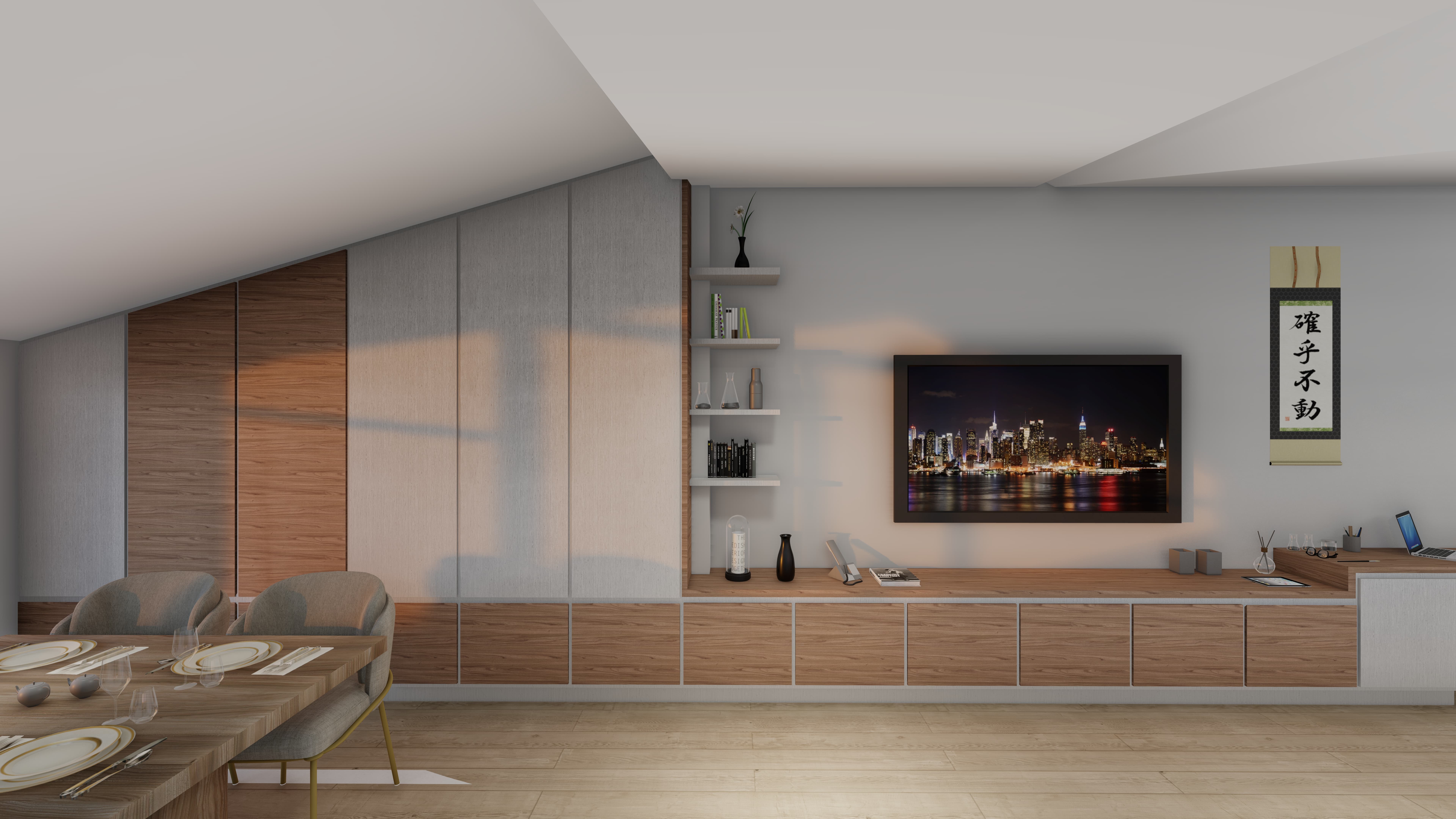 Sala d'estar moderna amb paret amb armaris de fusta i prestatgeries, televisor amb vista nocturna de la ciutat, taula de menjador amb plats i copes.