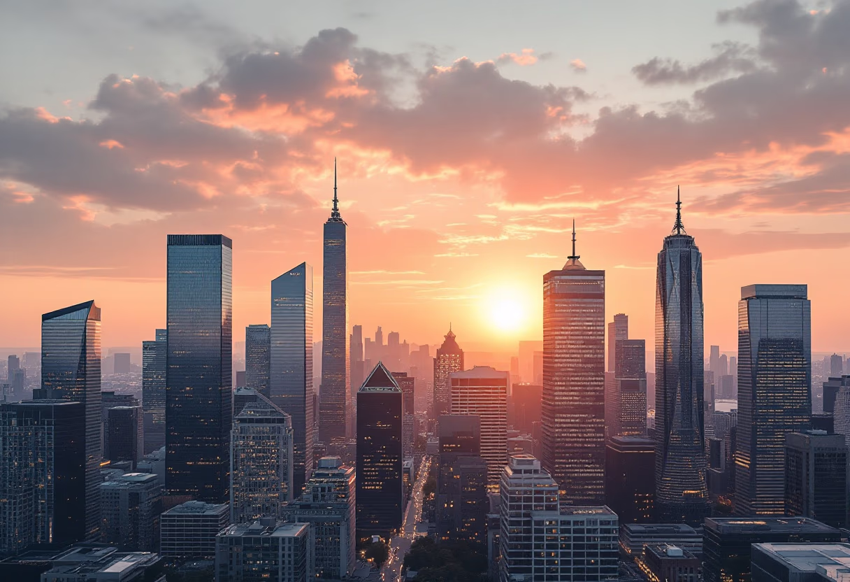 image of city skyline at sunset (for a fintech company)