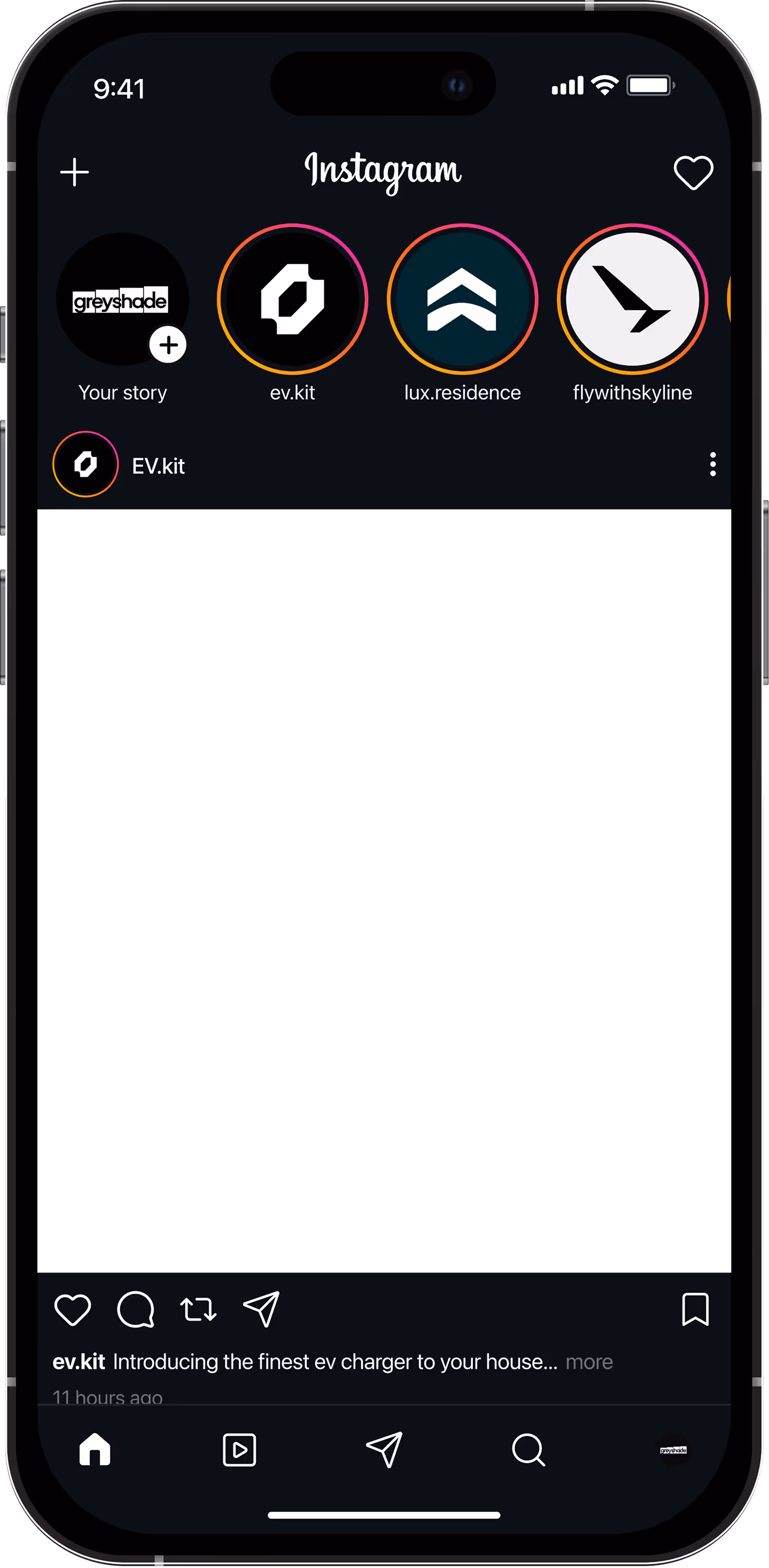 Smartphone screen showing Instagram app with stories including ev.kit, lux.residence, and flywithskyline, and a post from ev.kit about an EV charger.