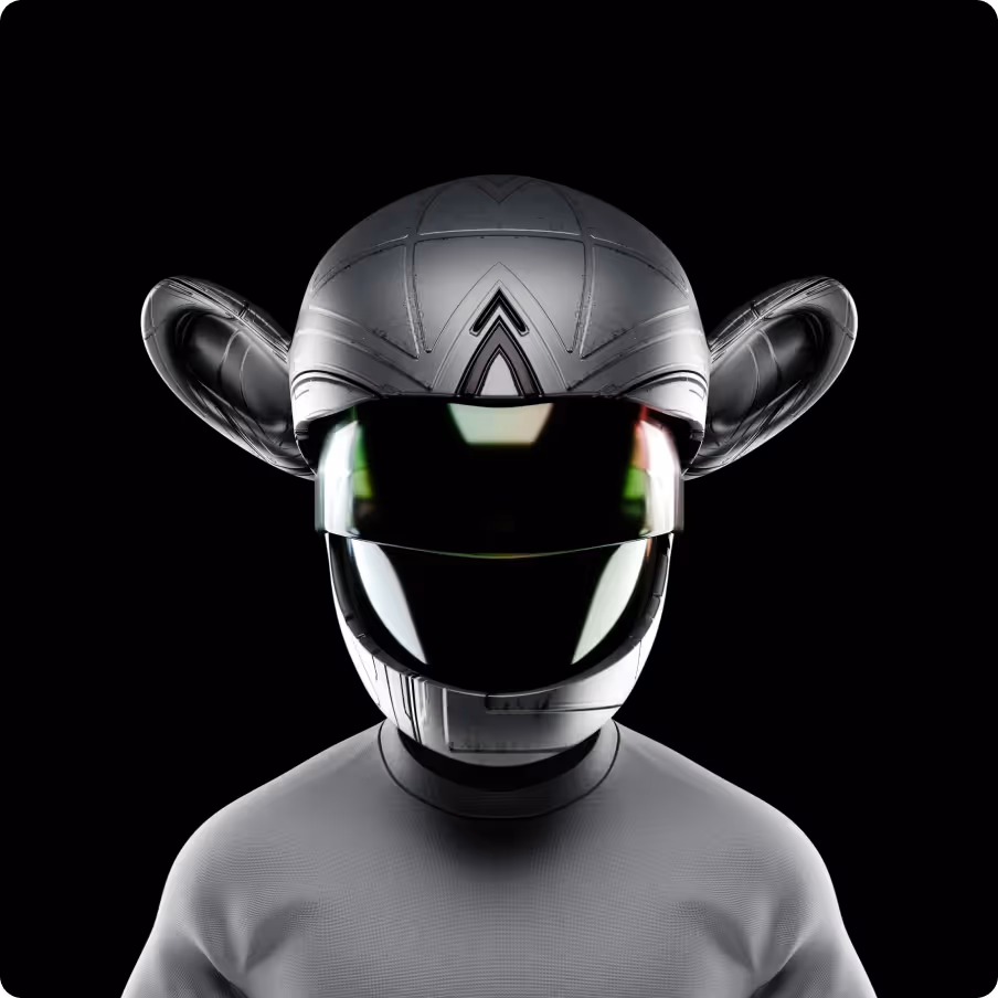 Futuristic figure wearing a sleek gray helmet with large protruding ears and a tinted visor, dressed in a fitted gray shirt against a black background.