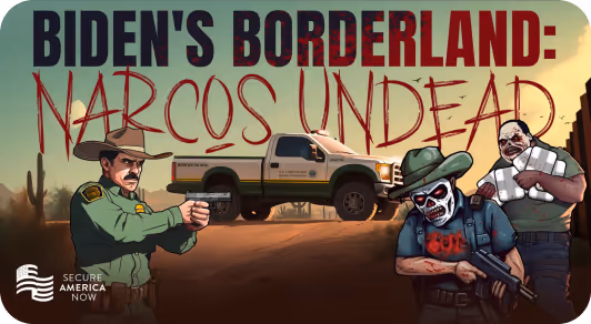 Illustration titled 'Biden's Borderland: Narcos Undead' showing a border patrol officer aiming a gun, a pickup truck in the background, and two undead characters—one wearing a skeleton mask and hat, the other holding a machete.