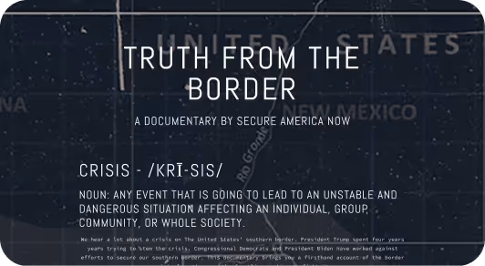 Title card for documentary 'Truth from the Border' with definition of crisis and background map showing United States and Mexico border.