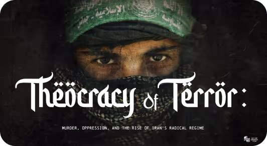 Close-up of a person's eyes wearing a green cap and a black and white patterned scarf, with white text reading 'Theocracy of Terror: Murder, Oppression, and the Rise of Iran's Radical Regime.'