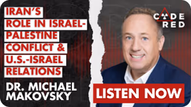 Podcast cover with Dr. Michael Makovsky about Iran's role in Israel-Palestine conflict and U.S.-Israel relations, includes Listen Now button.