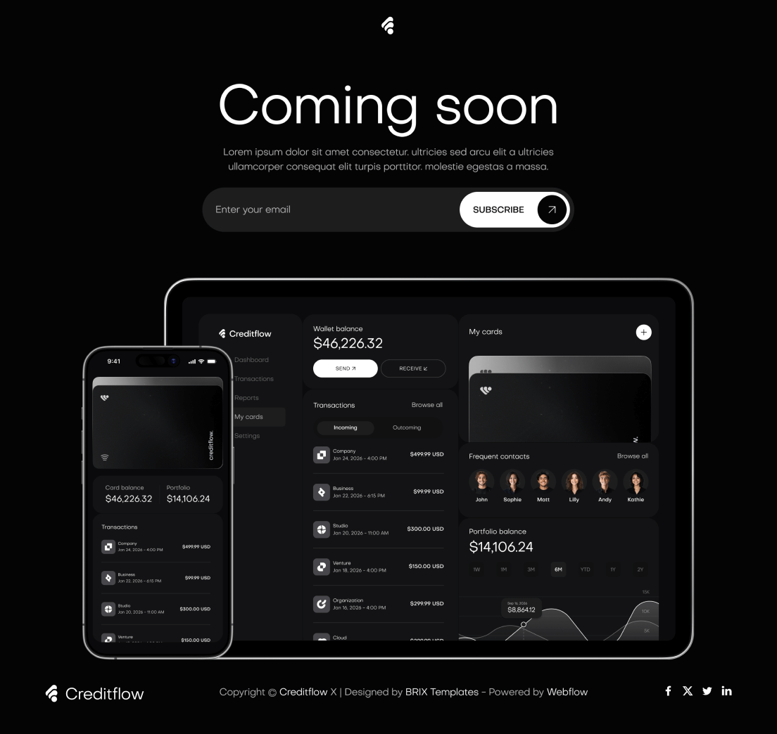 Creditflow - Coming Soon Utility Page - Bank Webflow Template | BRIX Templates