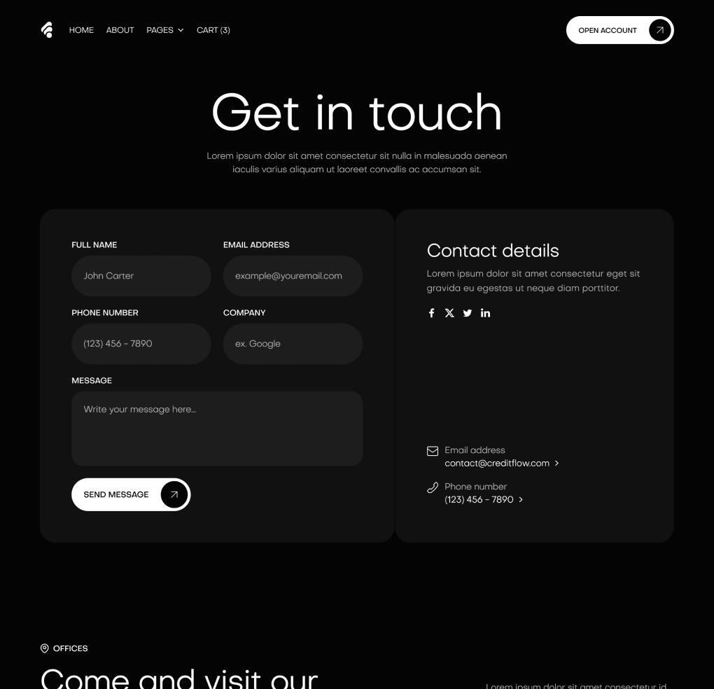 Creditflow - Contact V1 Top Page - Bank Webflow Template | BRIX Templates